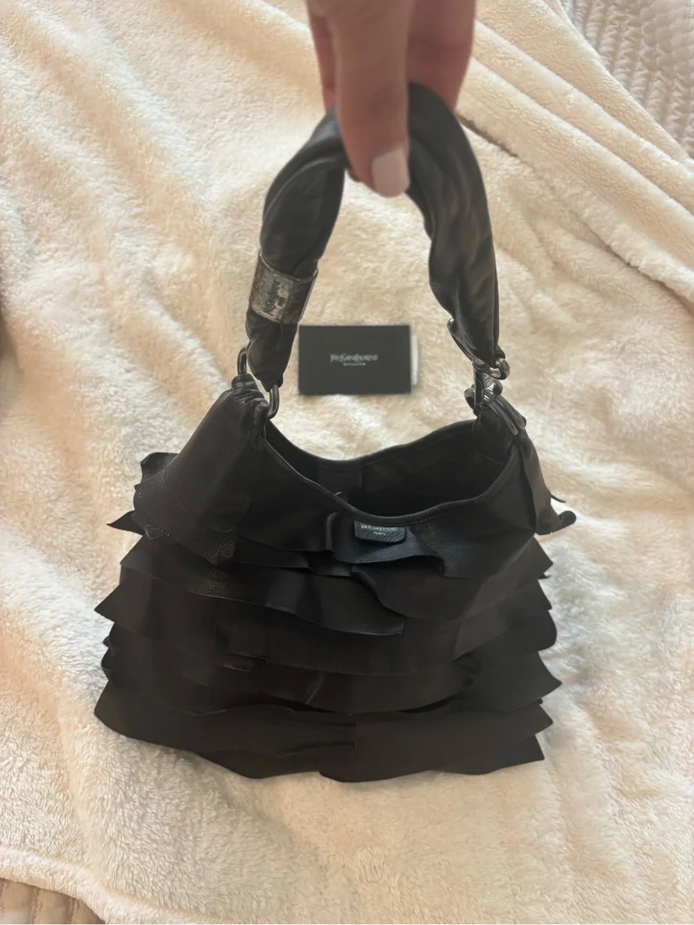 Yves Saint Laurent Black Layered Ruffle Leather Shoulder Bag